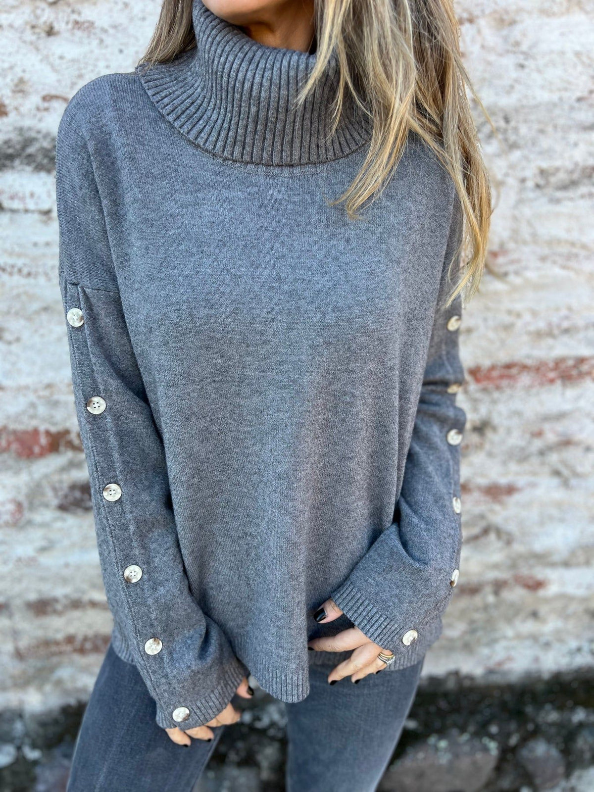 Button Sleeve Turtleneck Slouchy Knit Sweater - DarkGray