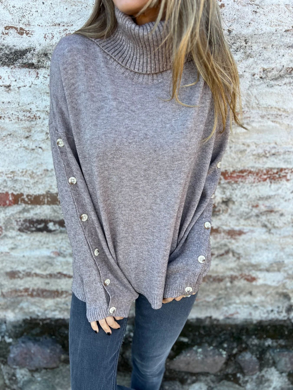 Button Sleeve Turtleneck Slouchy Knit Sweater - Gray