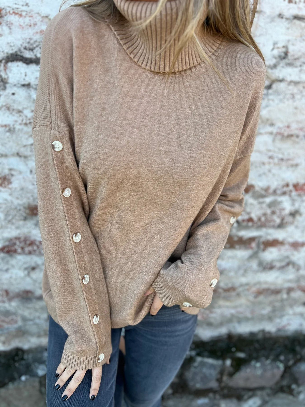 Button Sleeve Turtleneck Slouchy Knit Sweater - Khaki