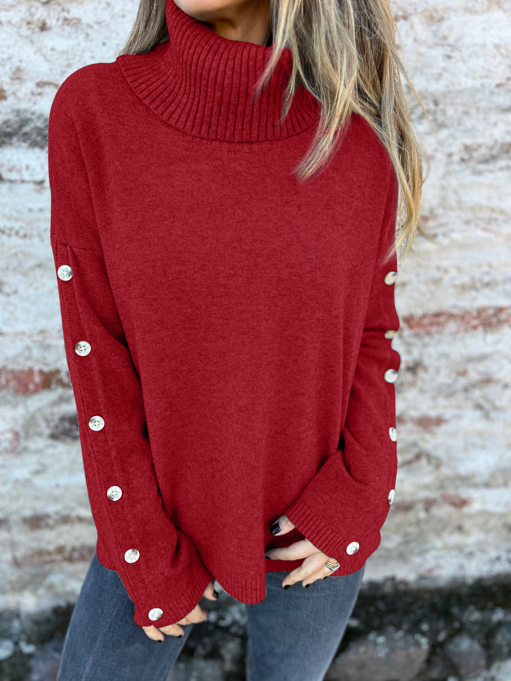 Button Sleeve Turtleneck Slouchy Knit Sweater - Red