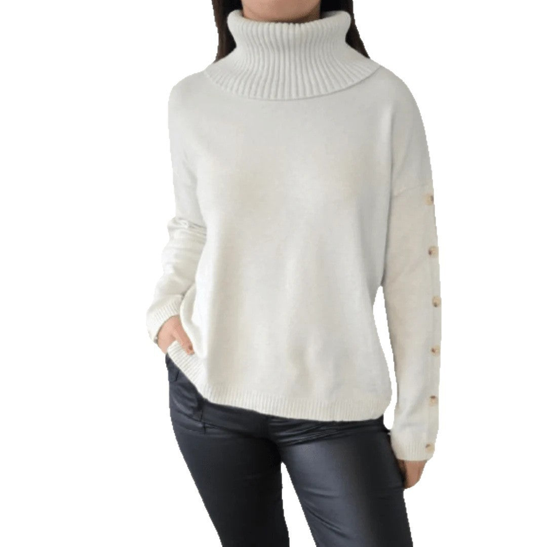 Button Sleeve Turtleneck Slouchy Knit Sweater - White