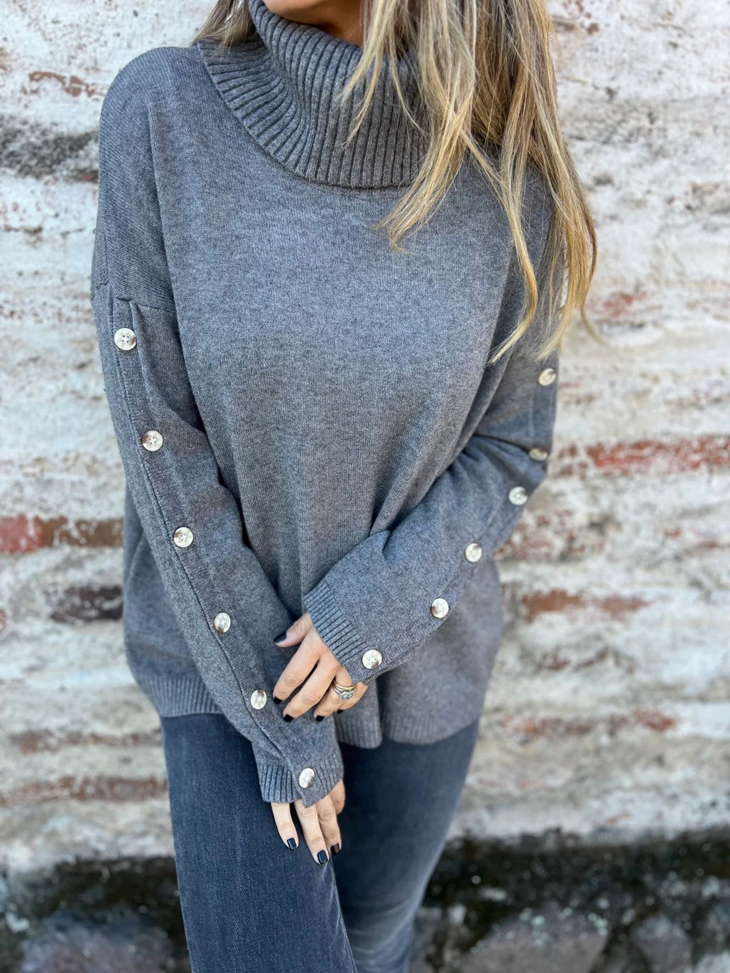 Button Sleeve Turtleneck Slouchy Knit Sweater - view 1