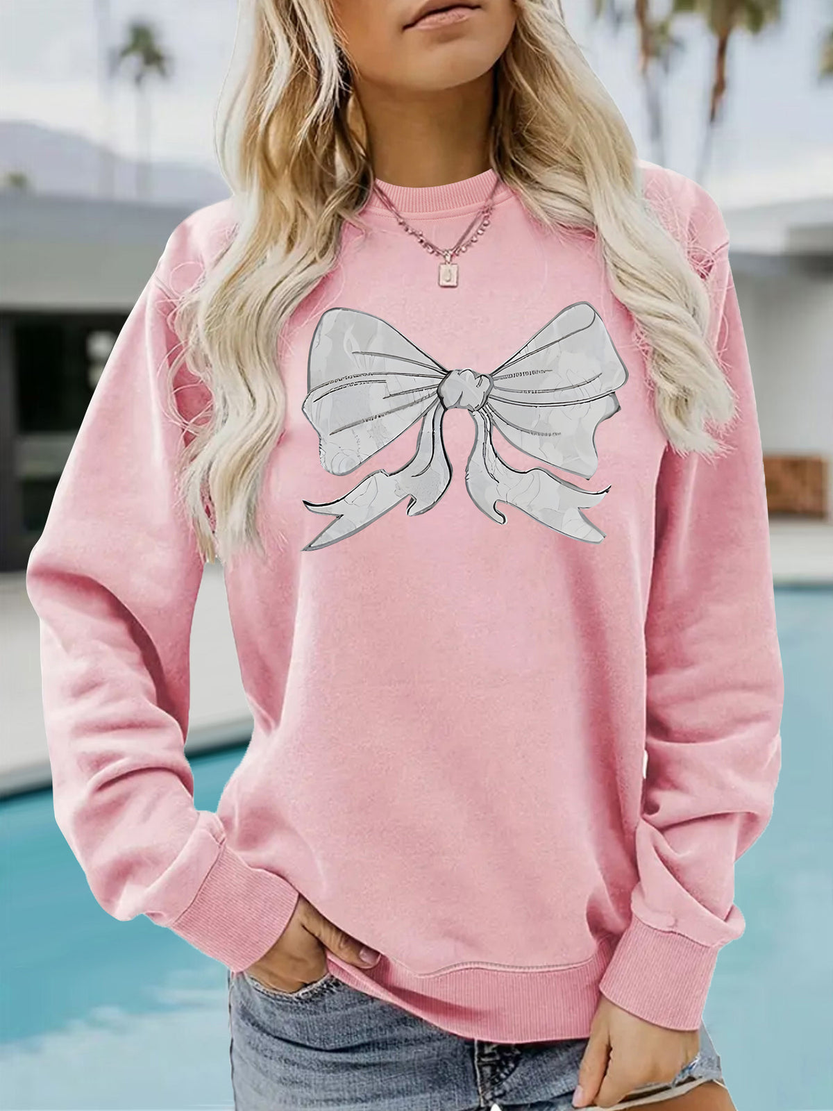 Sketched Bow Graphic Crewneck Sweatshirt - Pink