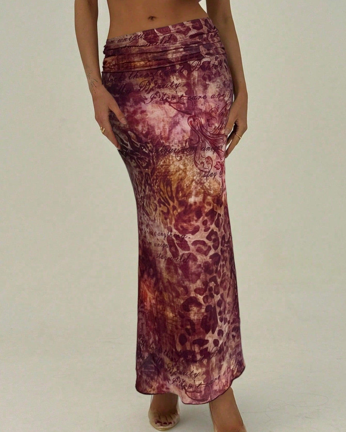 Animal Print Mesh Maxi Bodycon Skirt - Red