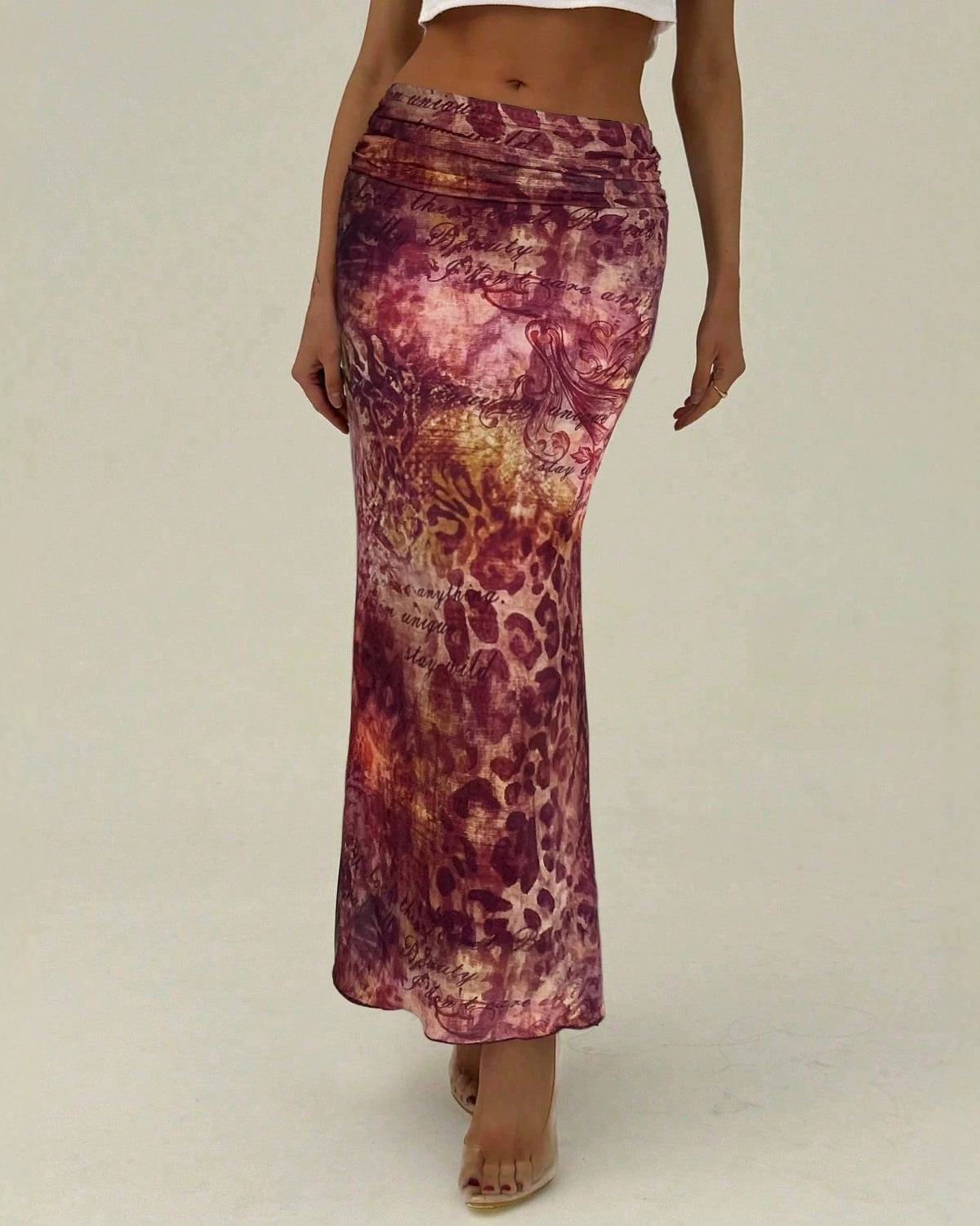 Animal Print Mesh Maxi Bodycon Skirt - Red - 1