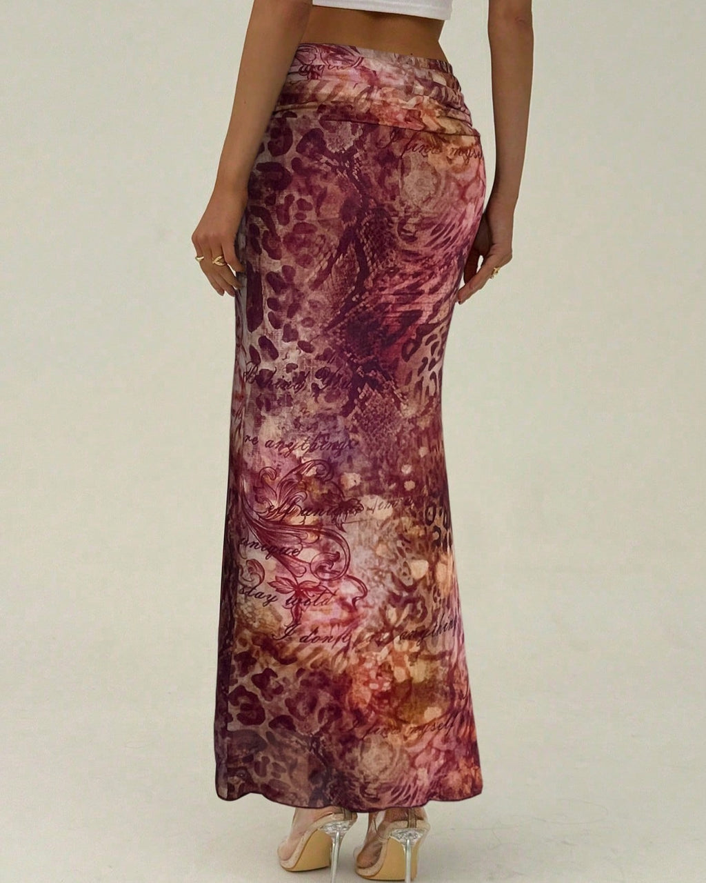Animal Print Mesh Maxi Bodycon Skirt - Red - 2