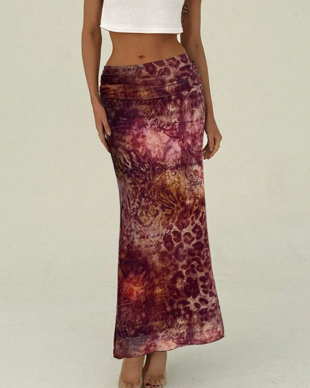 Animal Print Mesh Maxi Bodycon Skirt - Red - 3