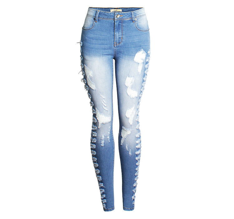 Ladder Ripped High Waist Skinny Jeans - Blue