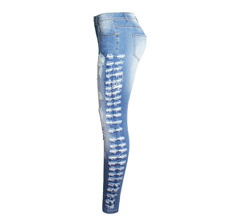 Ladder Ripped High Waist Skinny Jeans - Blue - 1