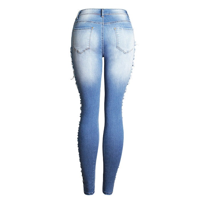 Ladder Ripped High Waist Skinny Jeans - Blue - 2
