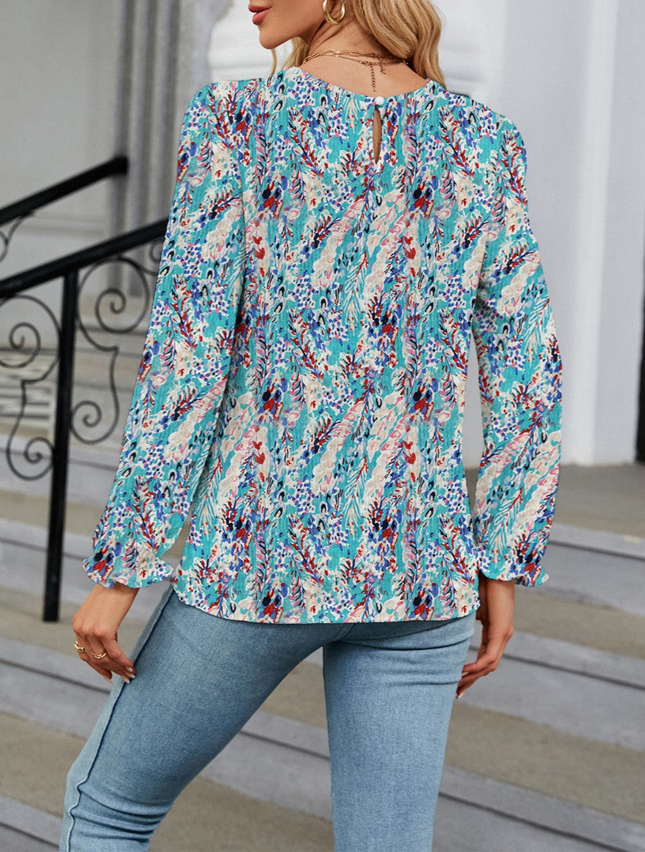 Ditsy Floral Balloon Sleeve Crew Neck Top - Darkgreen - 1