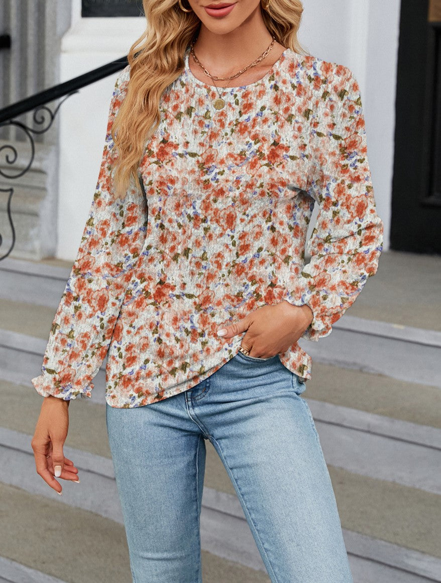 Ditsy Floral Balloon Sleeve Crew Neck Top - Orange