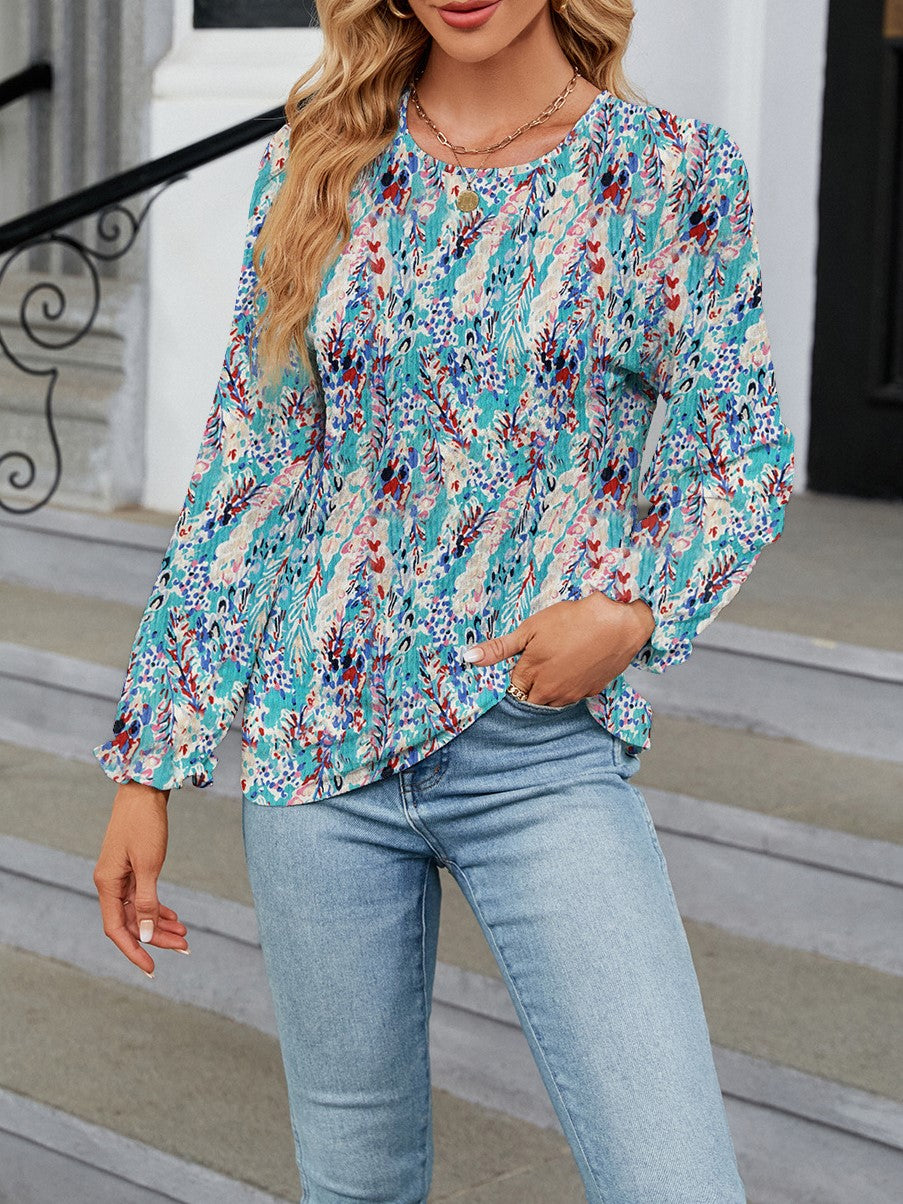 Ditsy Floral Balloon Sleeve Crew Neck Top