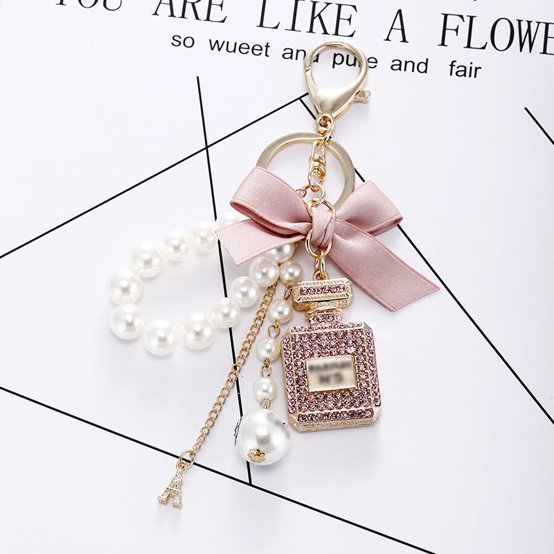 Rhinestone Perfume Bottle Keychain Charm - Pink