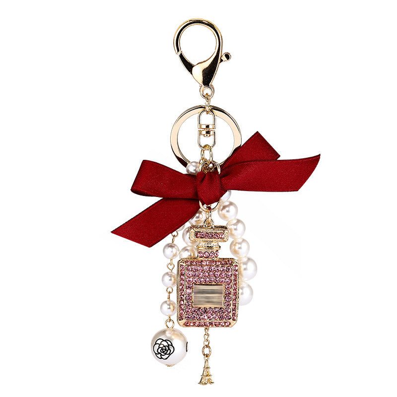 Rhinestone Perfume Bottle Keychain Charm - Red