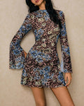 Y2K Floral Leopard Mesh Flare Sleeve Mini Dress - Decor