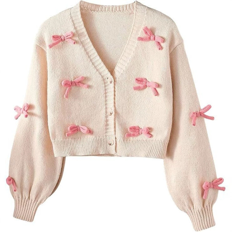 Coquette Bow Cropped Cardigan with Balloon Sleeves - Apricot