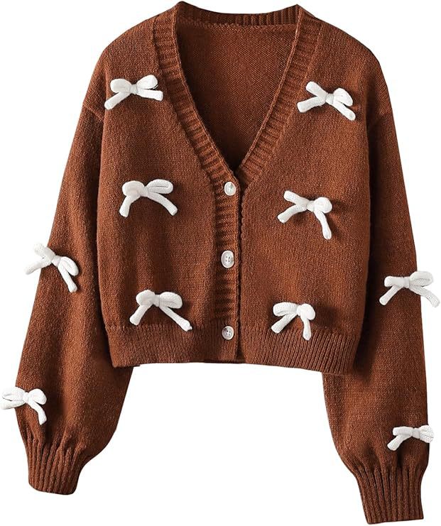 Coquette Bow Cropped Cardigan with Balloon Sleeves - Coffee