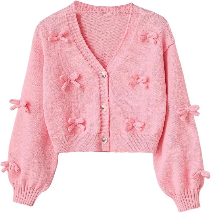 Coquette Bow Cropped Cardigan with Balloon Sleeves - Peach