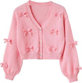 Coquette Bow Cropped Cardigan with Balloon Sleeves - Peach