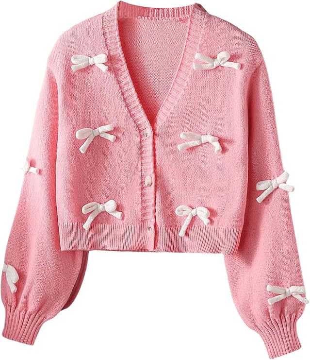 Coquette Bow Cropped Cardigan with Balloon Sleeves - Pink