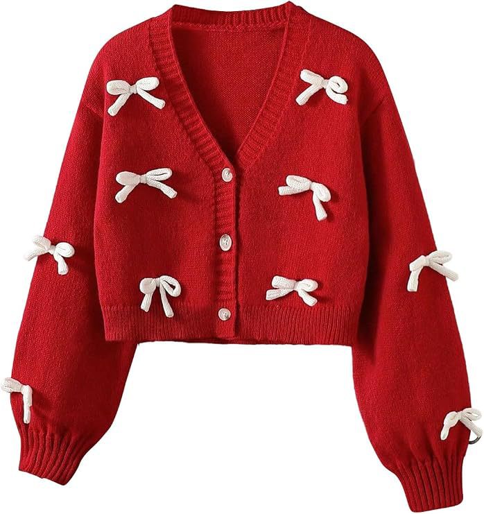 Coquette Bow Cropped Cardigan with Balloon Sleeves - Red