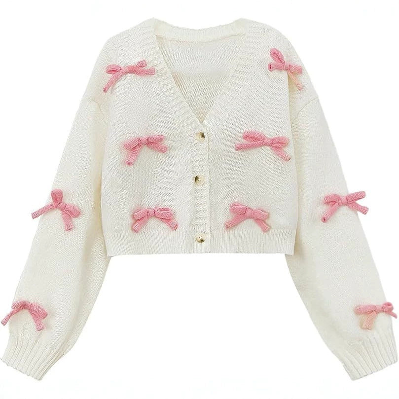 Coquette Bow Cropped Cardigan with Balloon Sleeves - White