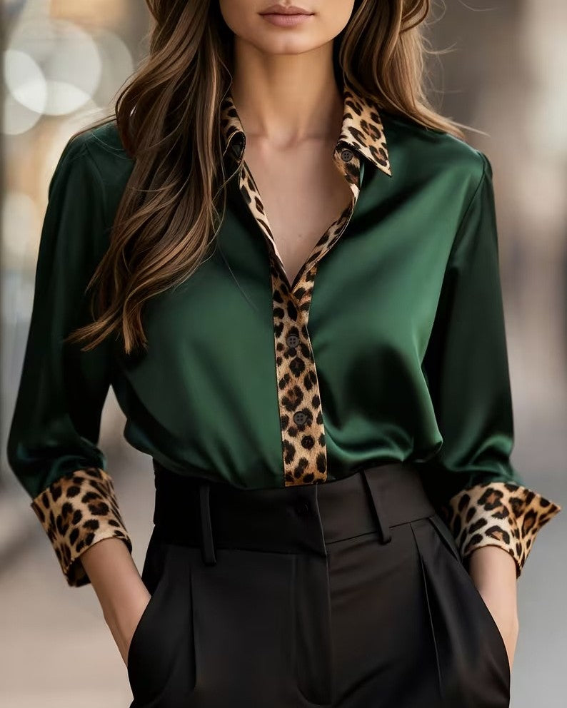 Satin Button-Down Shirt With Leopard Trim - Green