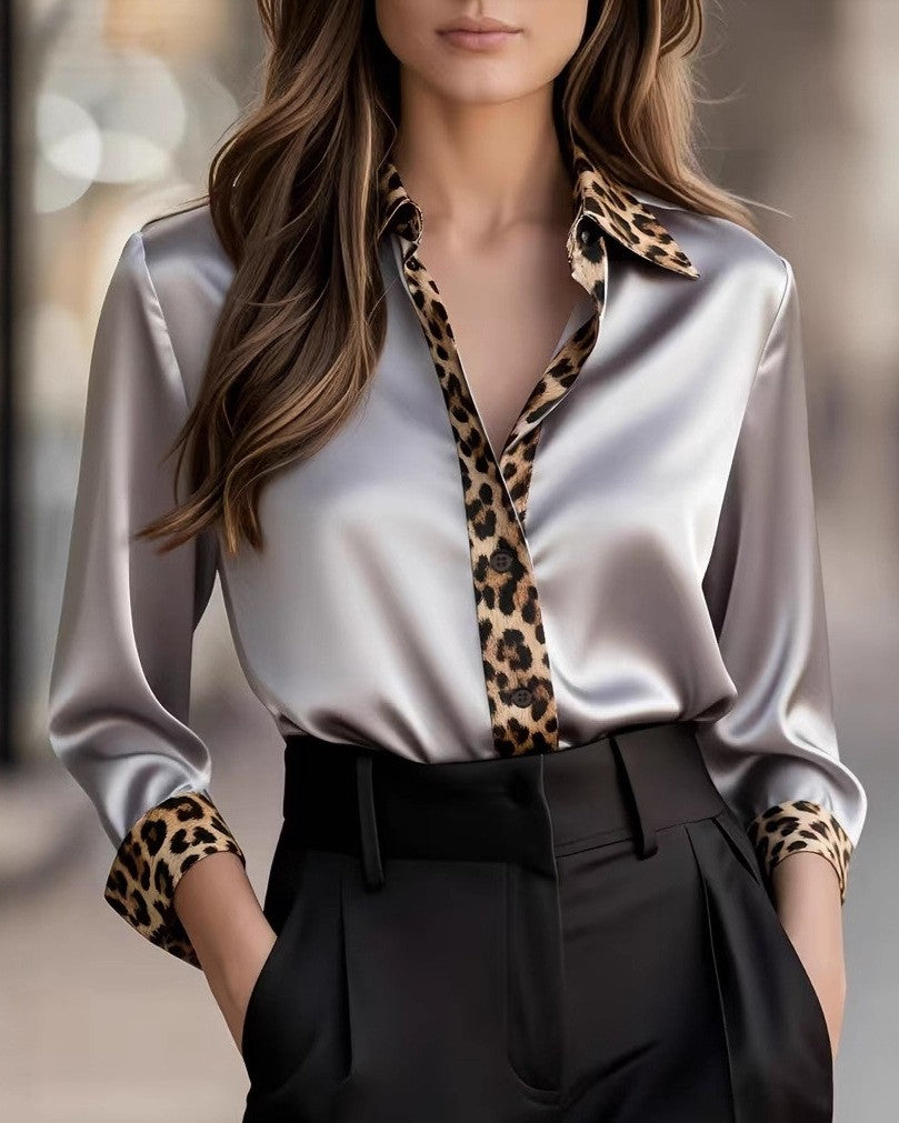 Satin Button-Down Shirt With Leopard Trim - Grey - 2