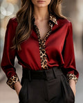 Satin Button-Down Shirt With Leopard Trim - Red