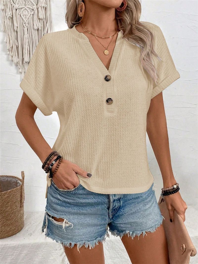 Waffle Knit Button V Neck Tee - Apricot