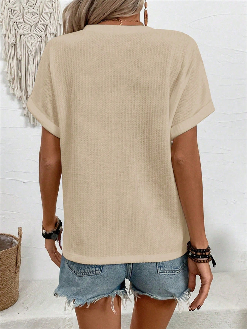 Waffle Knit Button V Neck Tee - Apricot - 1