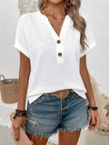 Waffle Knit Button V Neck Tee - White