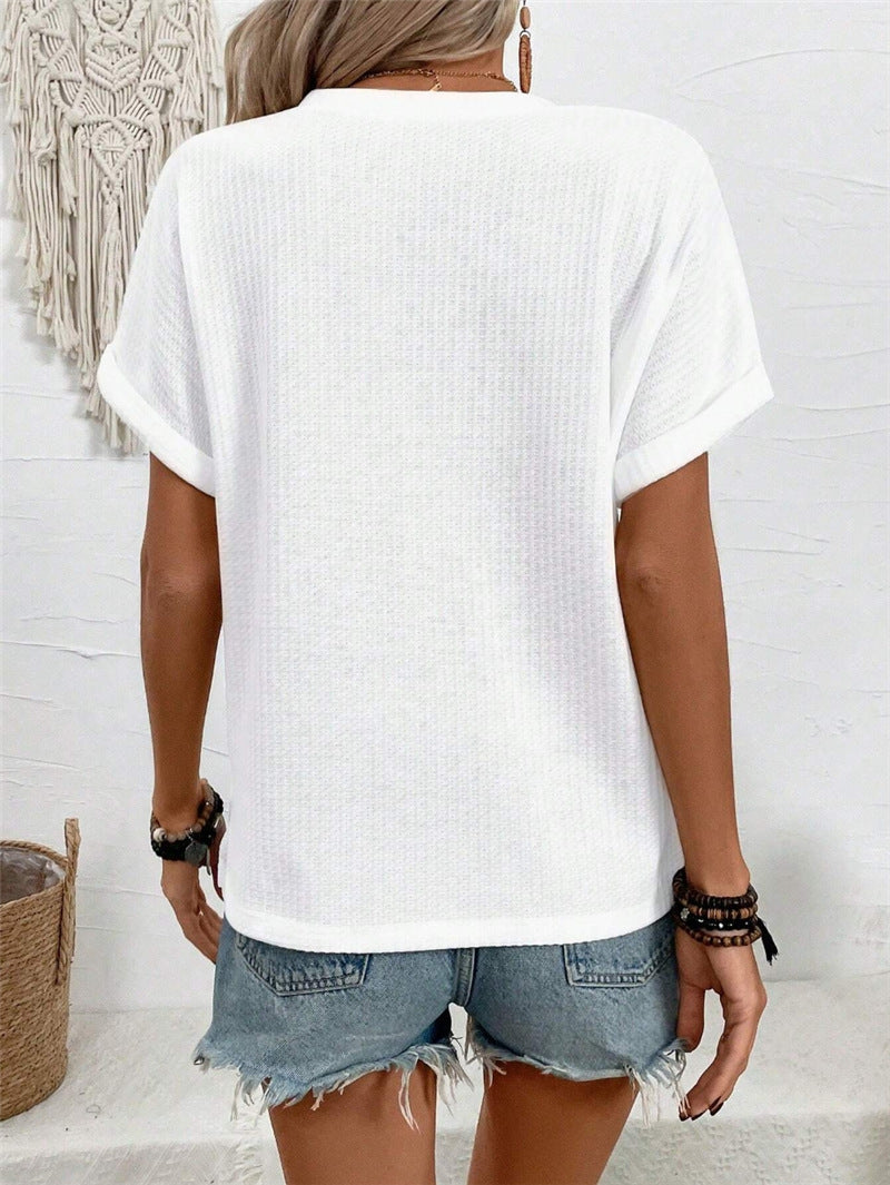 Waffle Knit Button V Neck Tee - White - 1