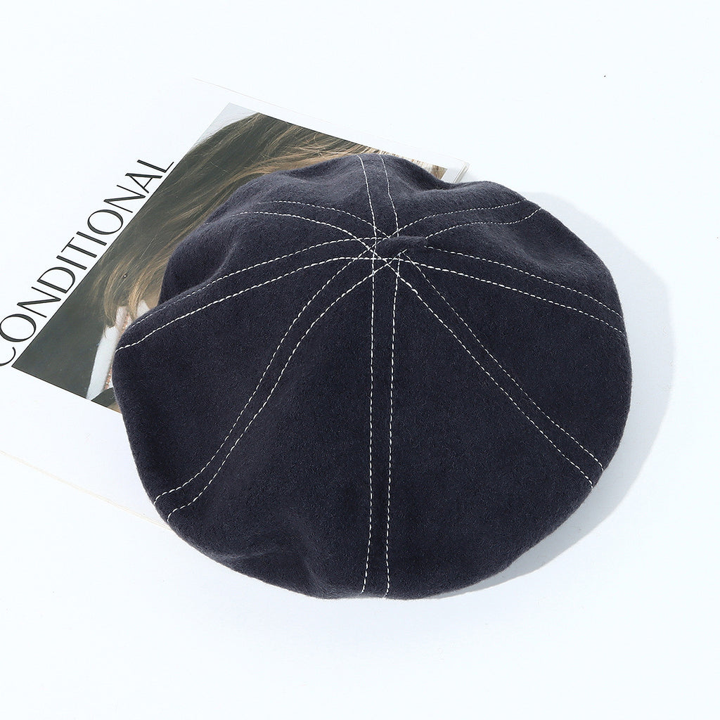 Topstitched Wool Pumpkin Beret Hat - Ash