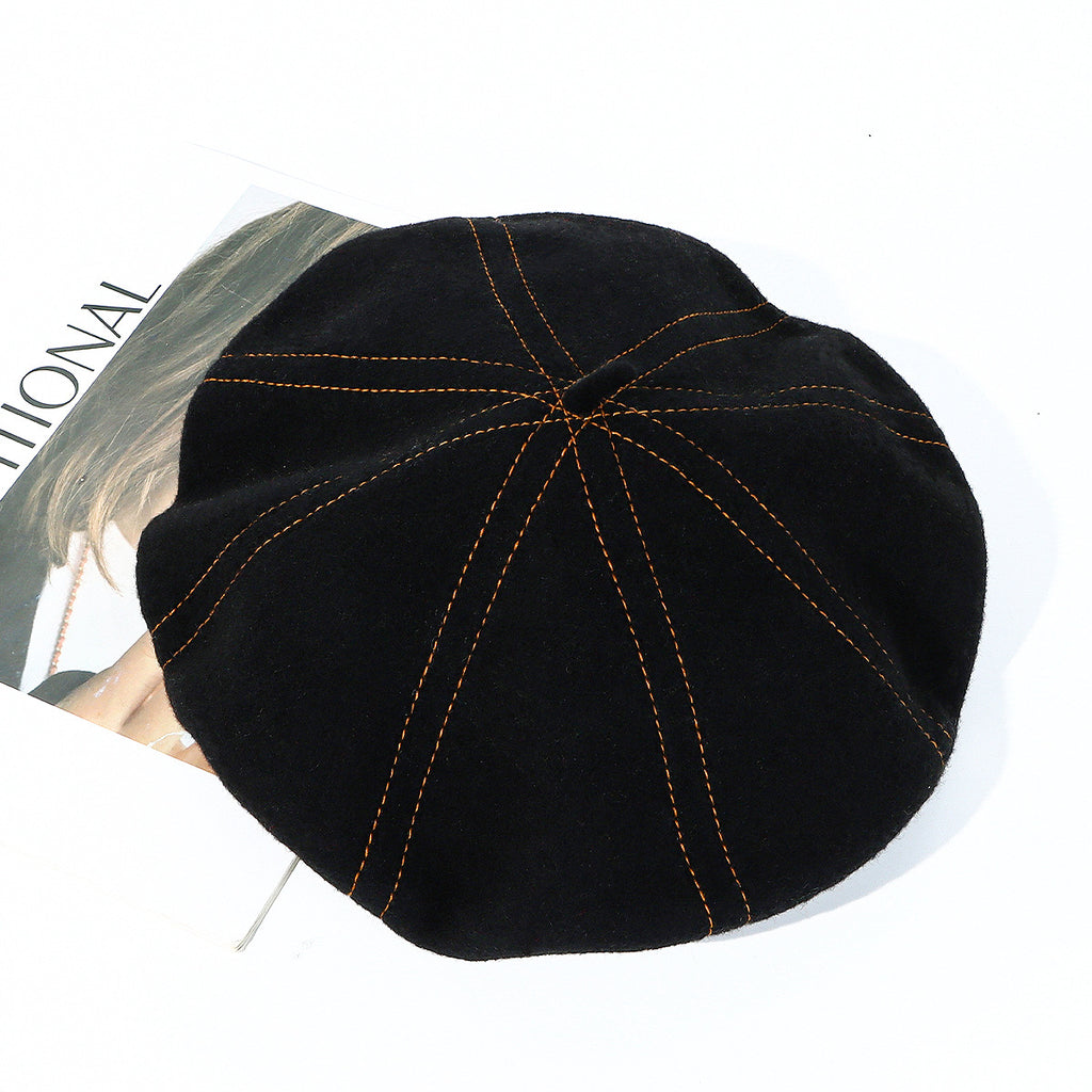 Topstitched Wool Pumpkin Beret Hat - Black