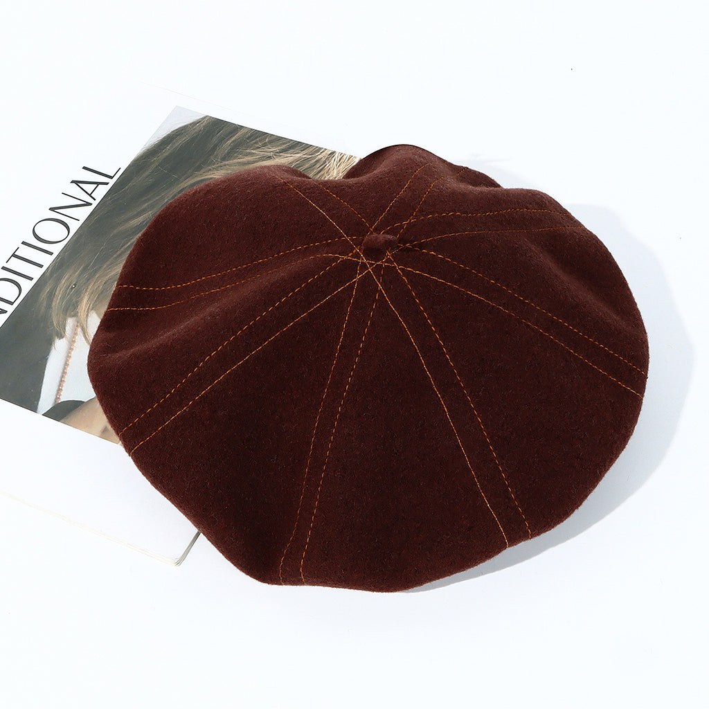 Topstitched Wool Pumpkin Beret Hat - Coffee