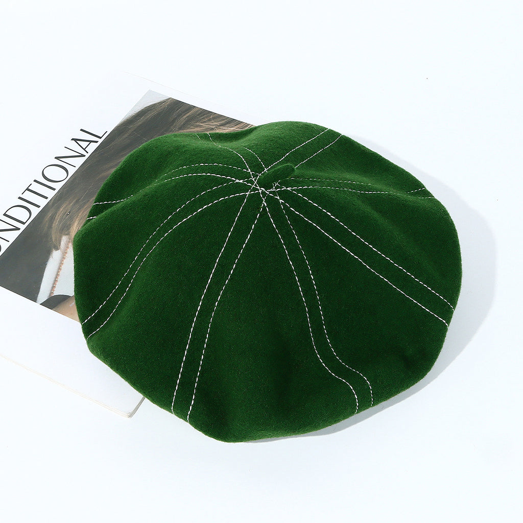 Topstitched Wool Pumpkin Beret Hat - Dgreen