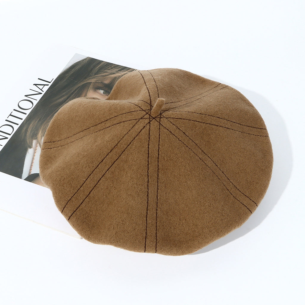 Topstitched Wool Pumpkin Beret Hat - Khaki