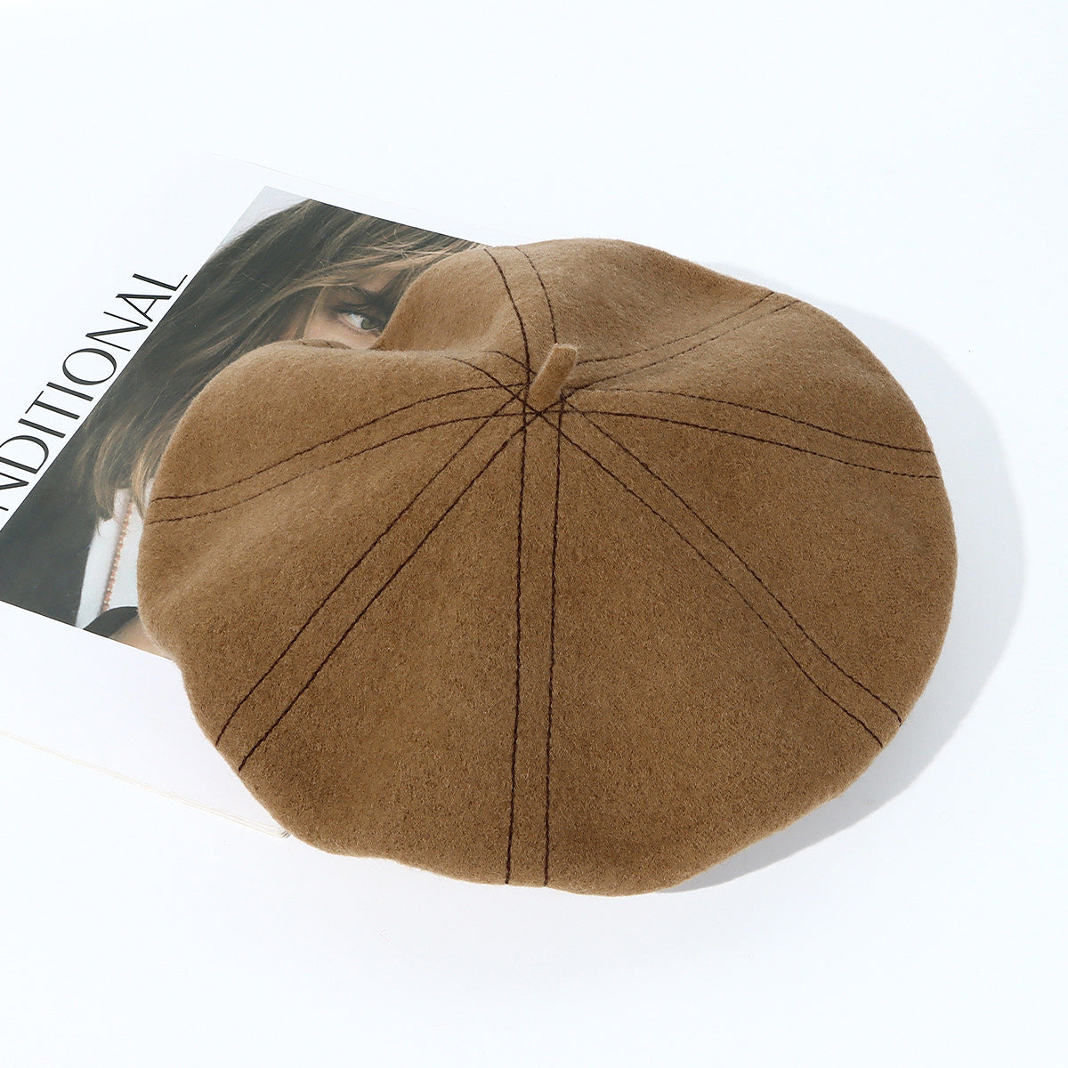 Topstitched Wool Pumpkin Beret Hat - Khaki