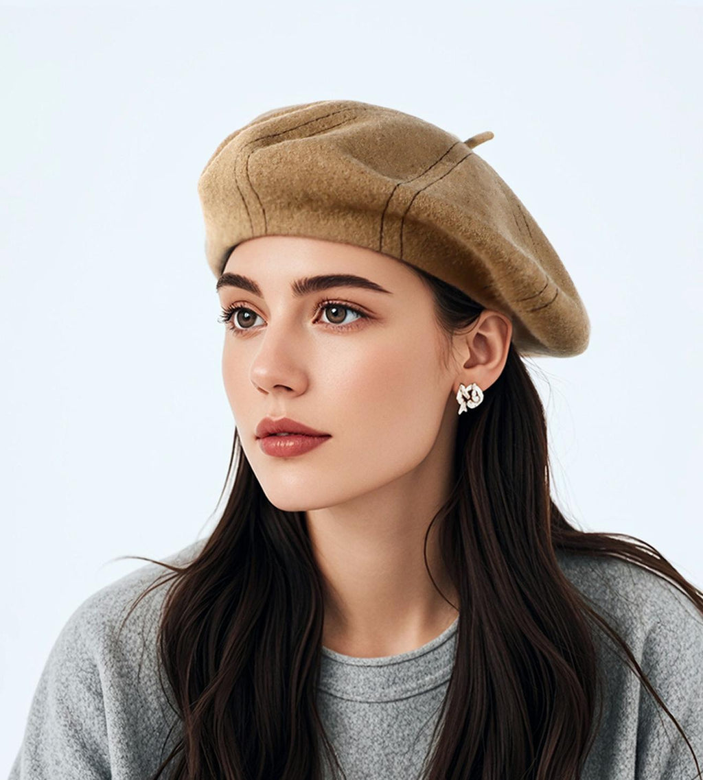 Topstitched Wool Pumpkin Beret Hat - Khaki - 1