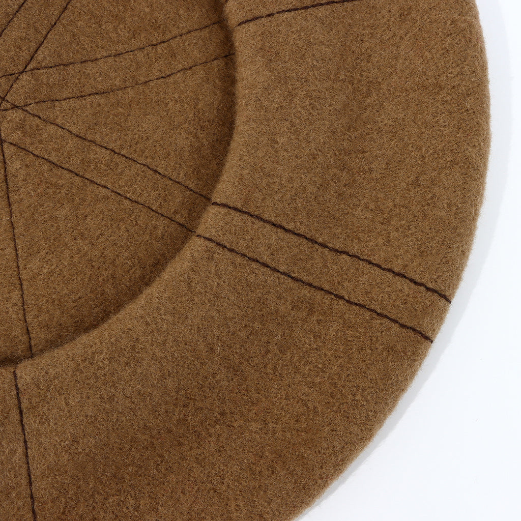 Topstitched Wool Pumpkin Beret Hat - Khaki - 4