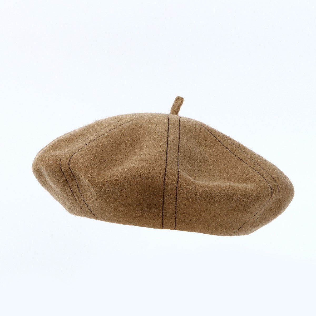 Topstitched Wool Pumpkin Beret Hat - Khaki - 5