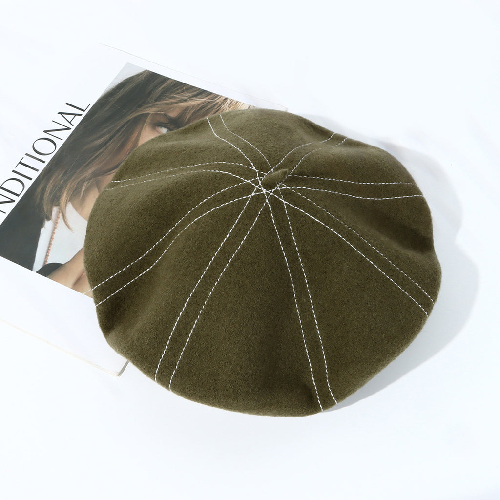 Topstitched Wool Pumpkin Beret Hat - MGreen