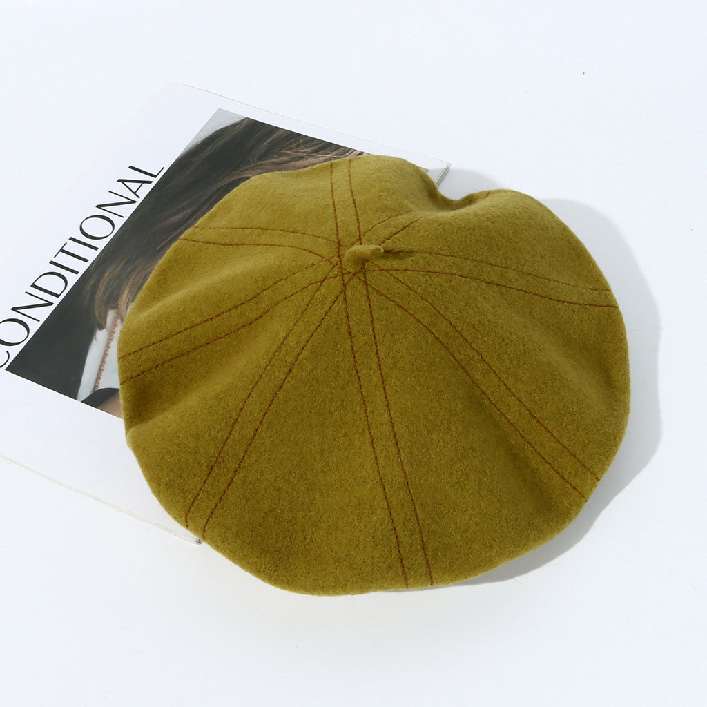 Topstitched Wool Pumpkin Beret Hat - Olive