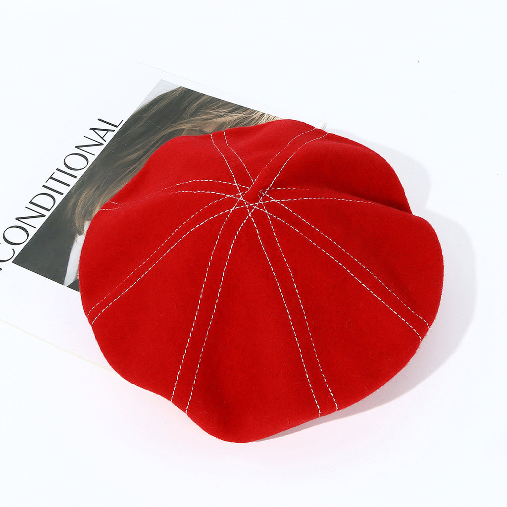Topstitched Wool Pumpkin Beret Hat - Red