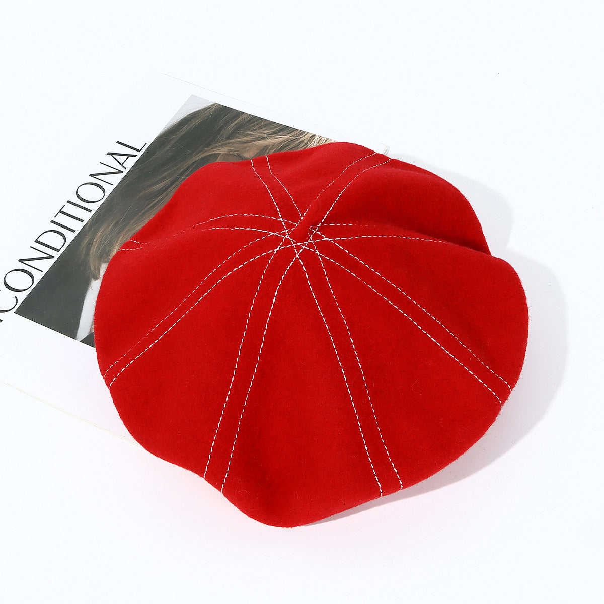 Topstitched Wool Pumpkin Beret Hat - Red