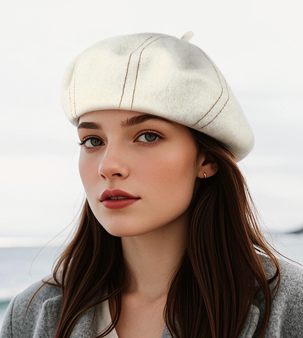 Topstitched Wool Pumpkin Beret Hat - White