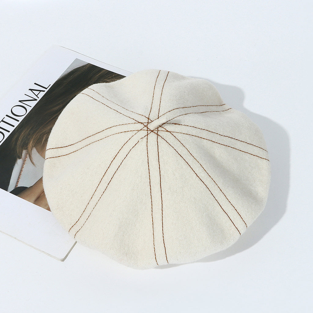 Topstitched Wool Pumpkin Beret Hat - White - 1
