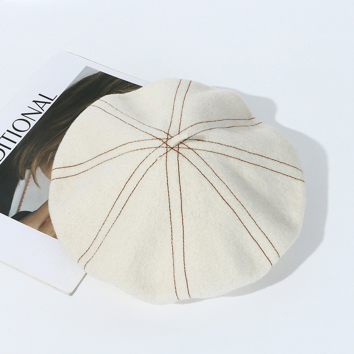 Topstitched Wool Pumpkin Beret Hat - White - 1